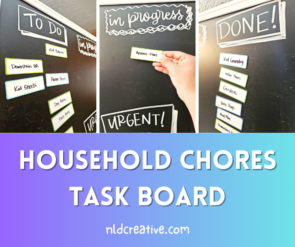 Graphic showing the three columns of a task board in action. Header states "Household Chores Task Board" and directs to nldcreative.com
