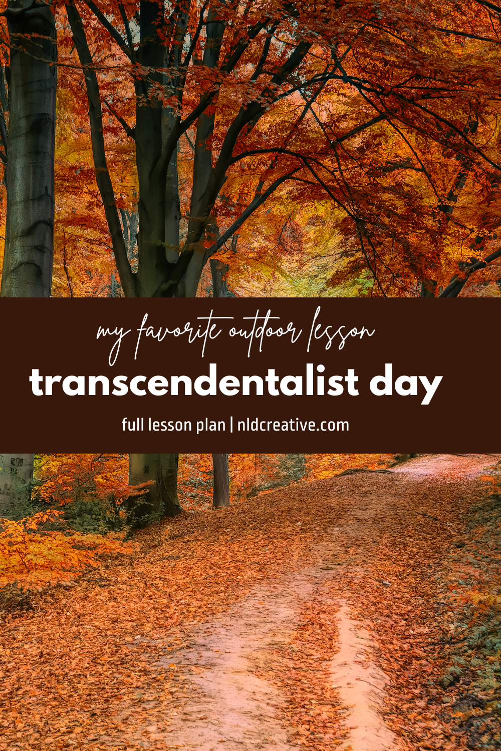 fall forest path with the words "my favorite lesson, transcendentalist day, full lesson plan | nldcreative.com"