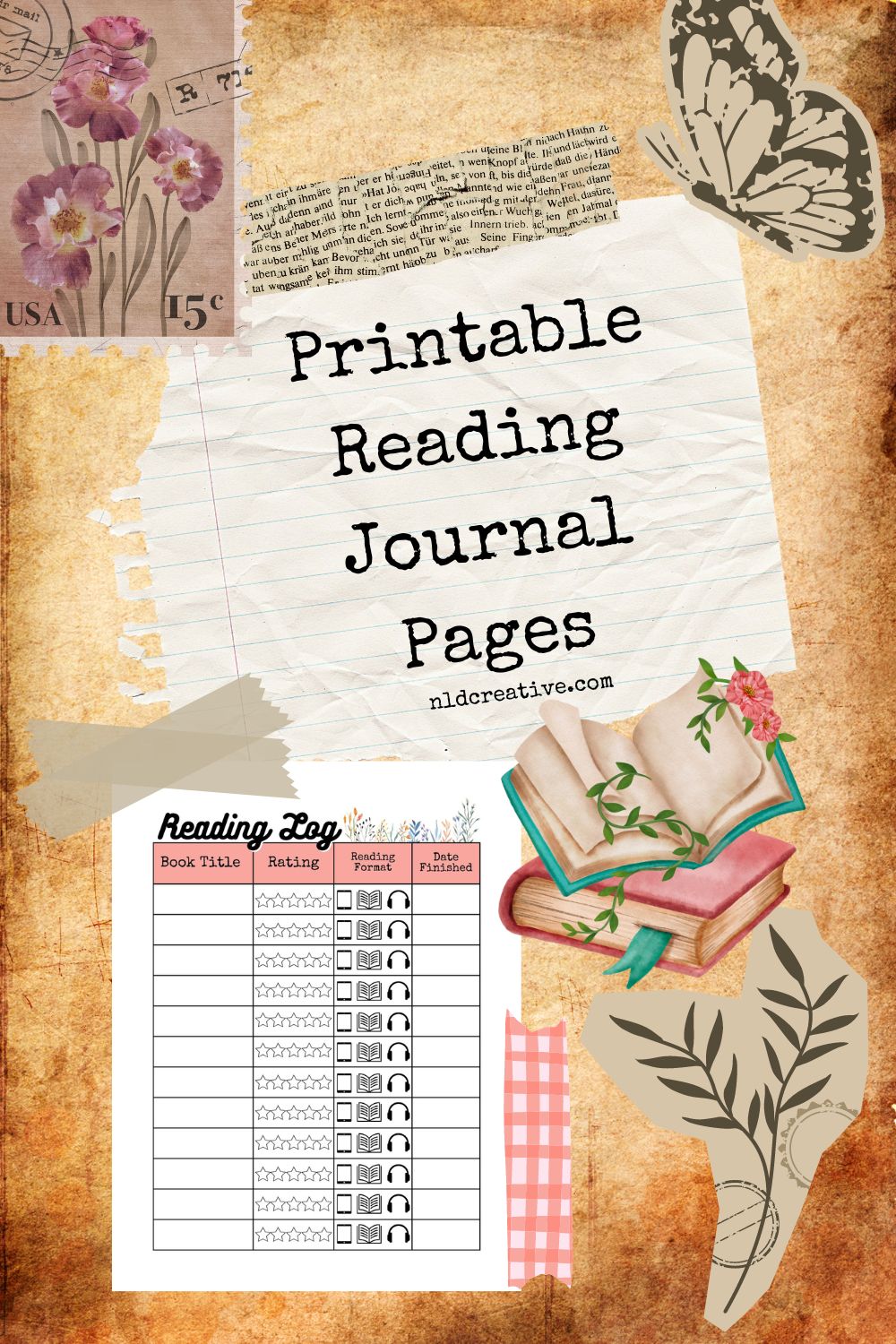 featured image: scrapbook journal page aesthetic with a preview of the book tracker download
