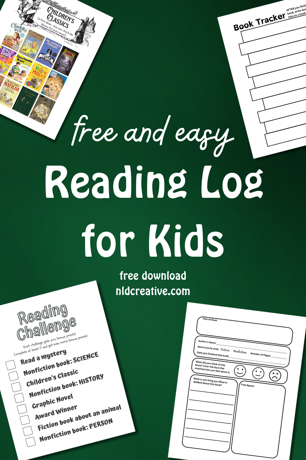 featured image showing previews of the free reading log for kids